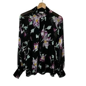 A.L.C. Blouse Sz 8 Black Floral print Smocked Mock Neck Long Pleated sleeve Silk